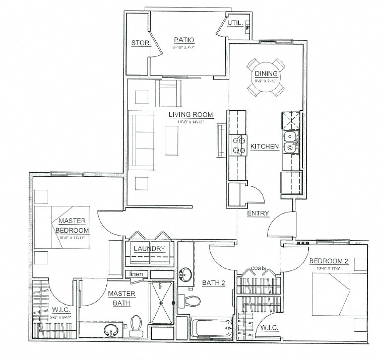 Floor plan for 2 beds, 2 baths, 1135 sqft
